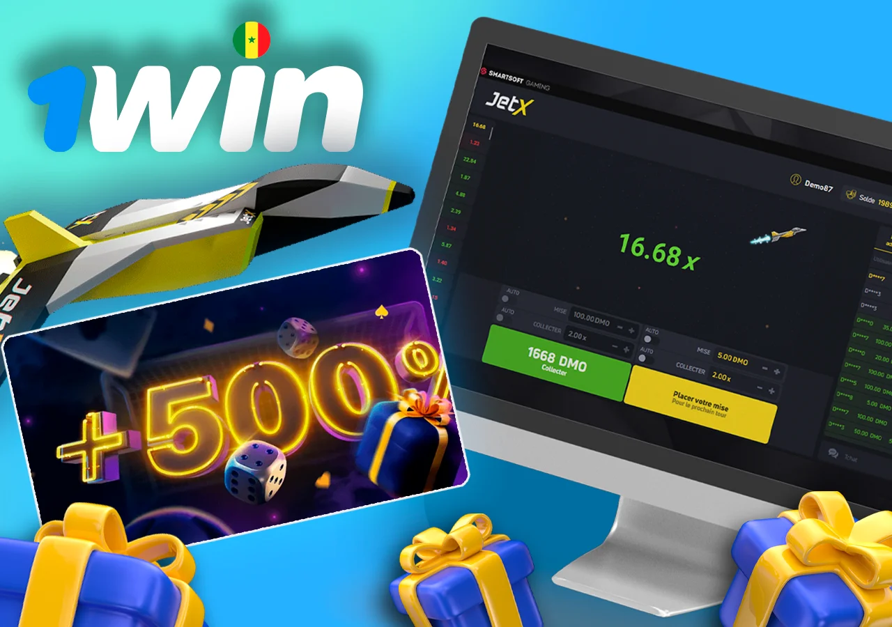 Moniteur avec le jeu JetX, à côté de 500% de bonus à recharger sur le site 1Win, à côté des cadeaux